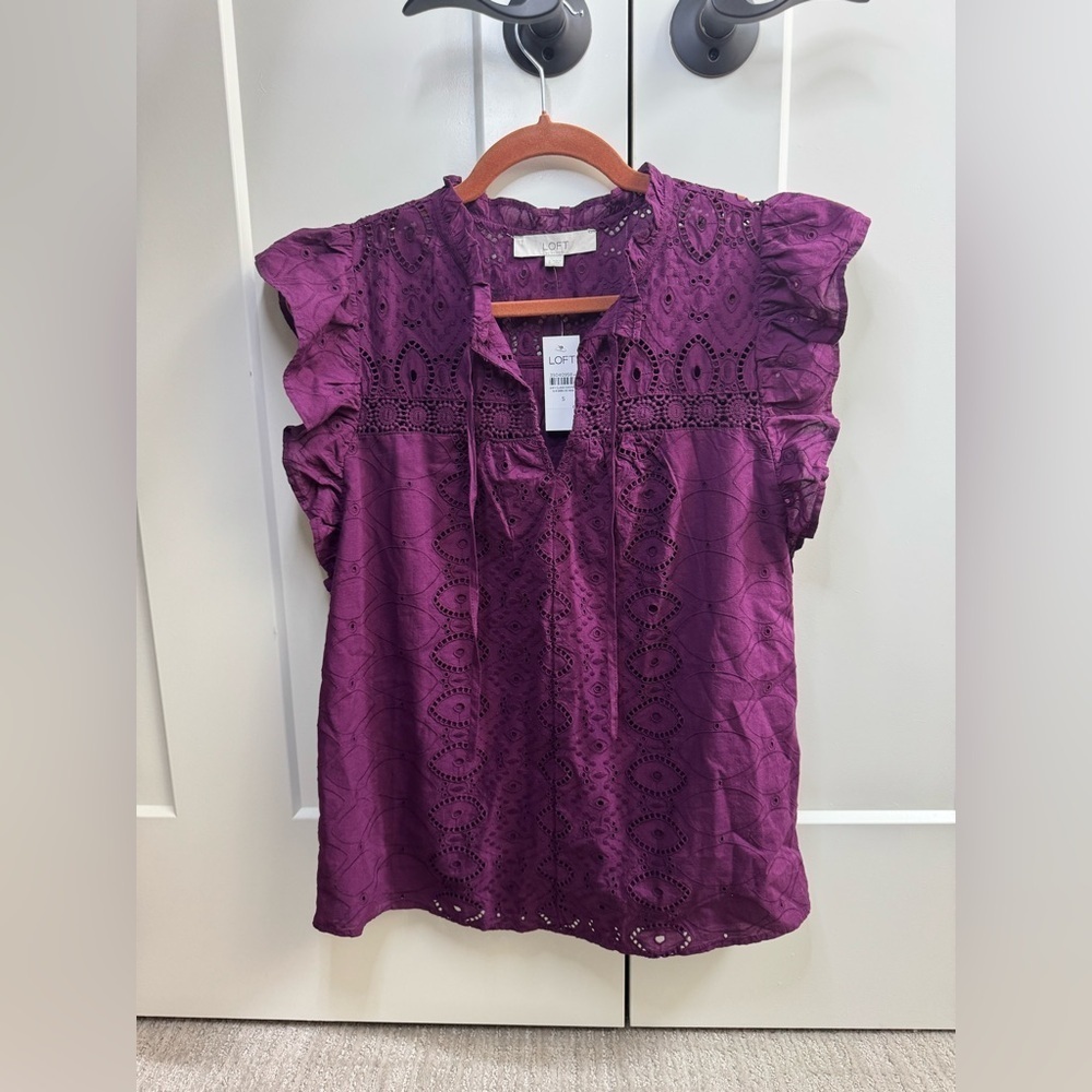 LOFT Deep Purple Eyelit Blouse with Ruffle Sleeves - Picture 2 of 4